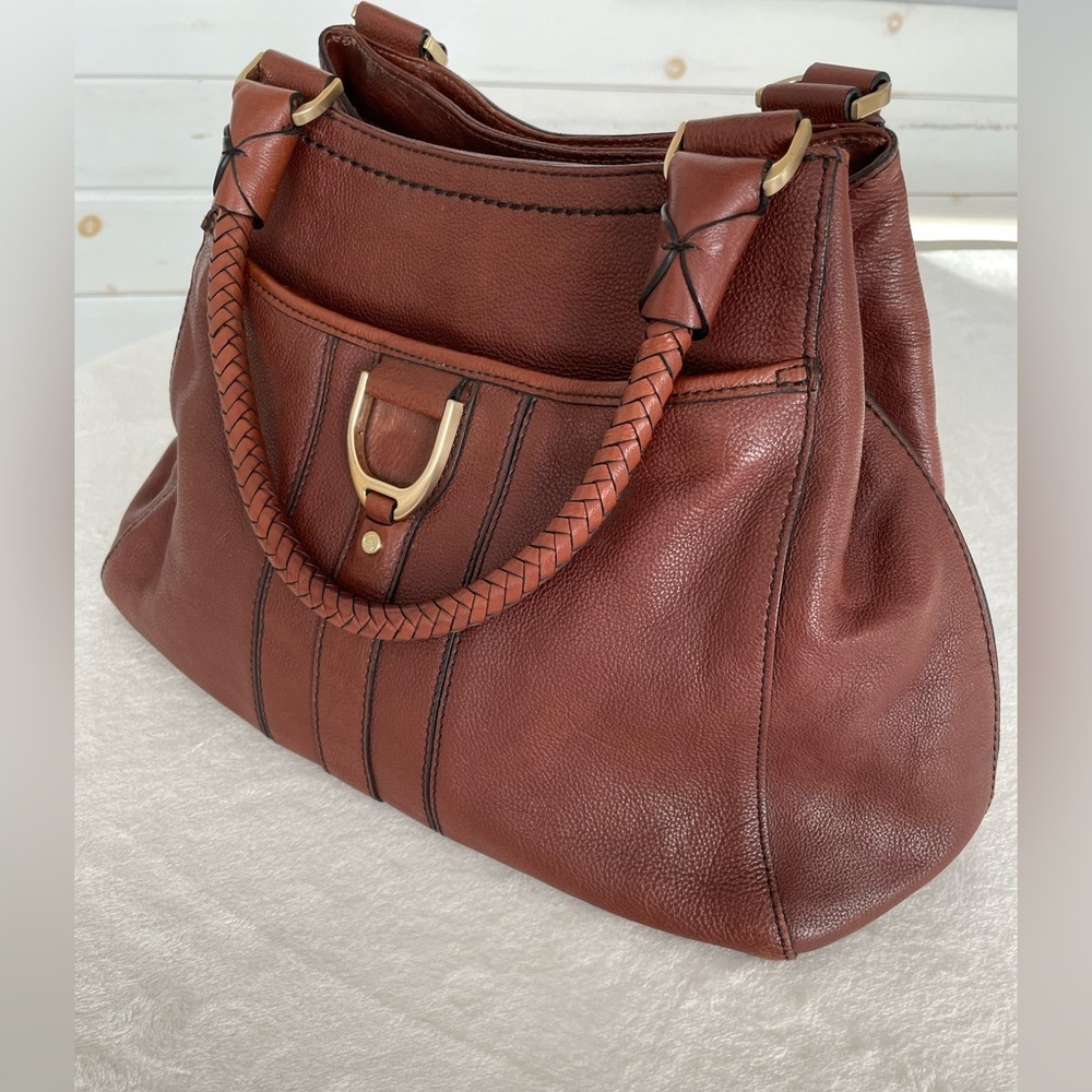 Cole Haan Handbag Purse Satchel Pebbled Brown Leather Equestrian Brass Accent - Picture 7 of 17